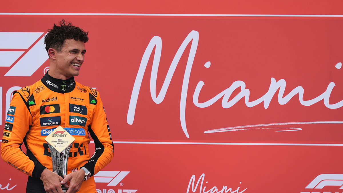 (AP Photo/Rebecca Blackwell)

 : First place finisher McLaren driver Lando Norris of Britain reacts during a trophy ceremony after the Sprint race at the Formula One Miami Grand Prix auto race, Saturday, May 3, 2025, in Miami Gardens, Fla.
