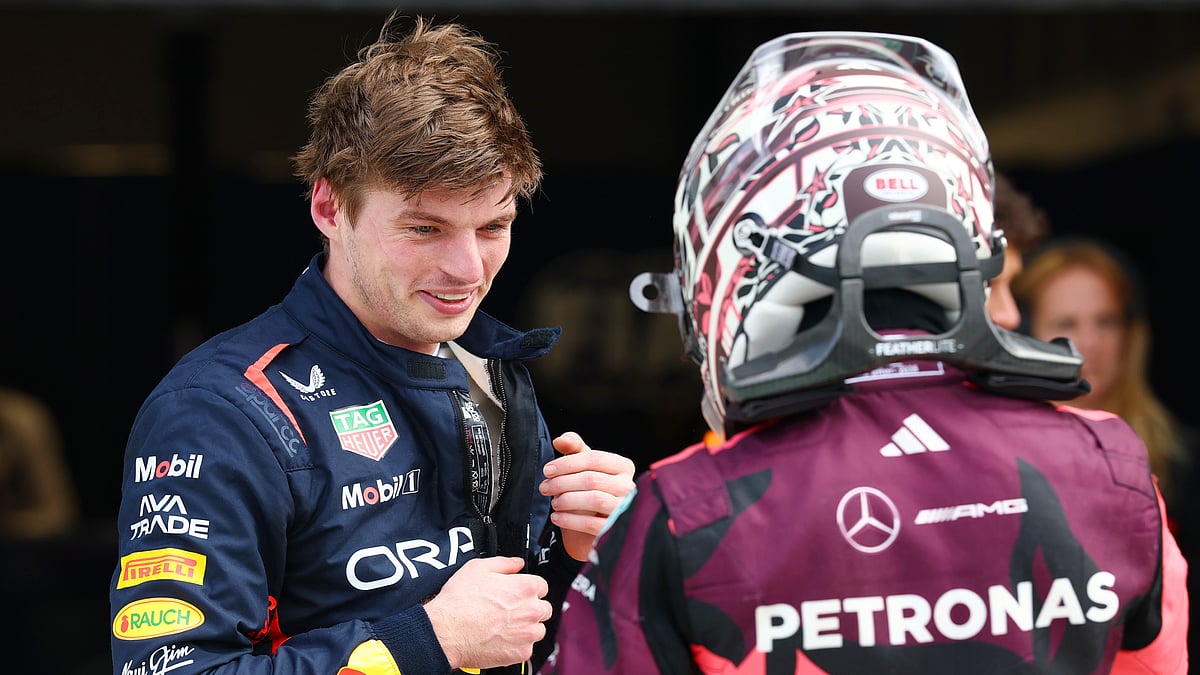 Max Verstappen greets Kimi Antonelli after they qualified first and third, respectively, in Miami