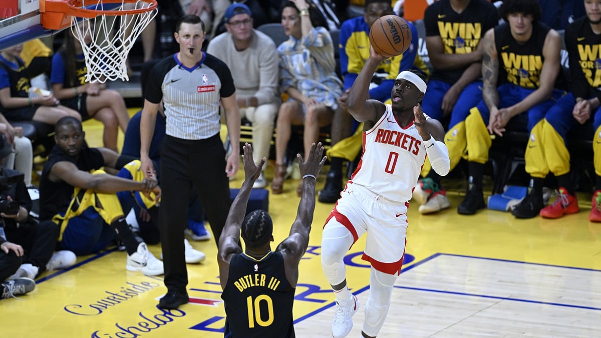Aaron Holiday of Houston Rockets in action against Golden State Warriors during NBA Playoffs game 6