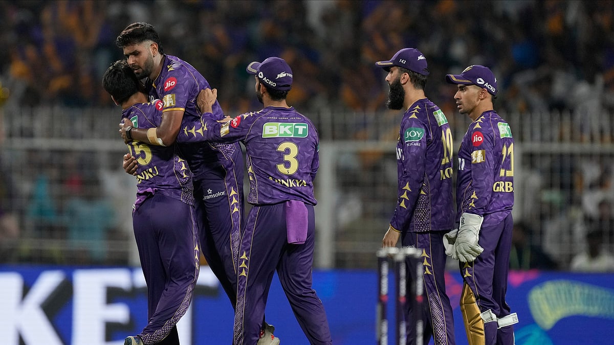AP Photo/Bikas Das : Kolkata Knight Riders' Harshit Rana second from left celebrates with teammates after the dismissal of Rajasthan Royals' captain Riyan Parag during the Indian Premier League cricket match in Kolkata.