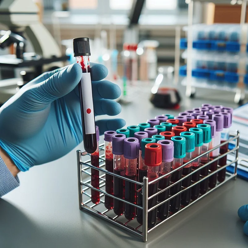 A hand holding a test tube