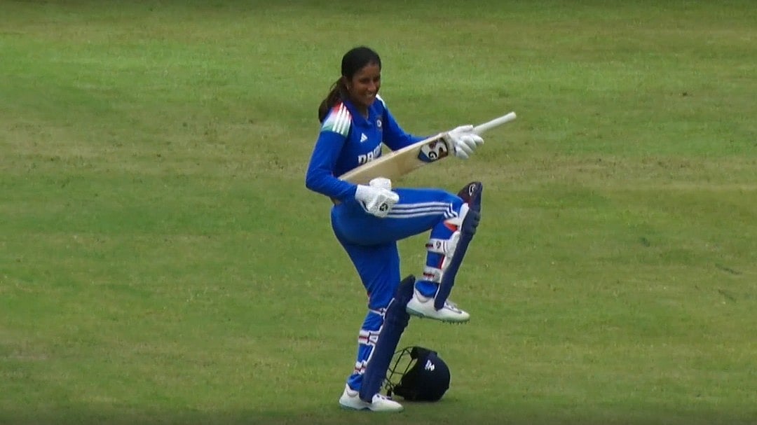 Jemimah Rodrigues celebrates her 100 with bat-guitar dance. - Screengrab