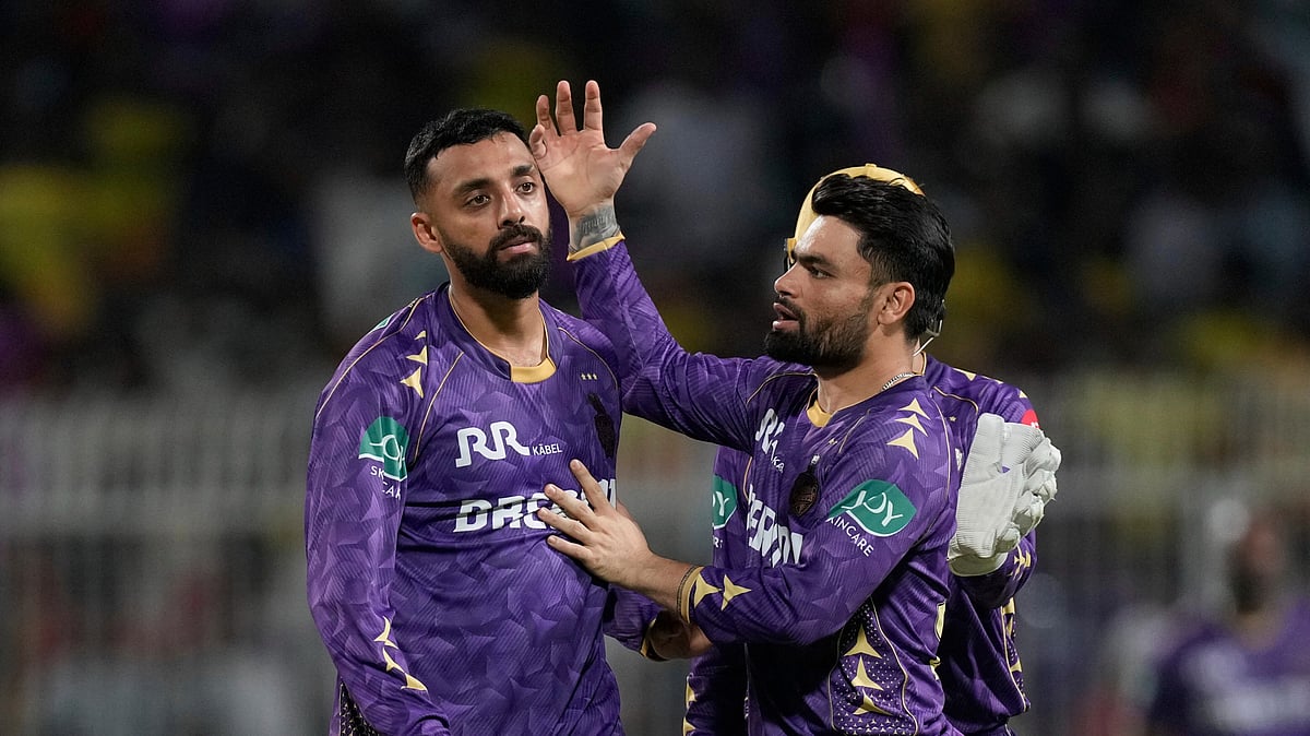  (AP Photo/Bikas Das)
 : Kolkata Knight Riders' Varun Chakravarthy, left, celebrates with teammates after the dismissal of Chennai Super Kings' Dewald Brevis during the Indian Premier League cricket match between Kolkata Knight Riders and Chennai Super Kings at Eden Gardens in Kolkata, India, Wednesday, May 7, 2025.

