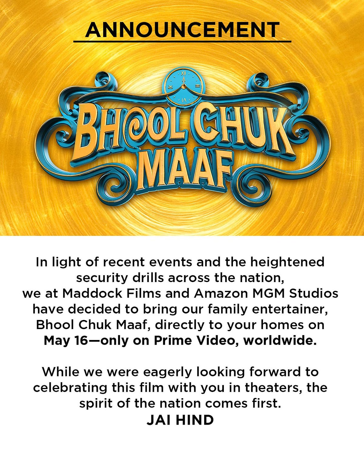 Maddock Films statement on Bhool Chuk Maaf release date