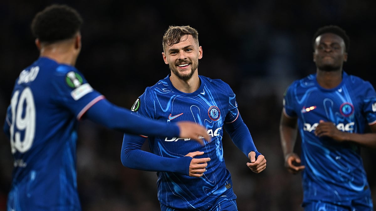 File : Kiernan Dewsbury-Hall celebrates his goal against Djurgarden.