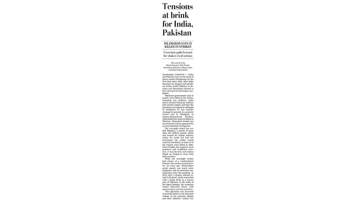 Tensions at the brink for India, Pakistan: The Washington Post