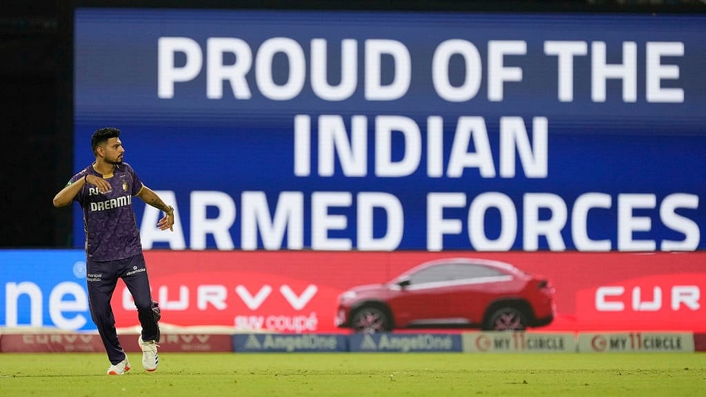 AP/Bikas Das : Kolkata Knight Riders' Vaibhav Arora fields as a message "proud of the Indian armed forces" is displayed during the Indian Premier League cricket match between Kolkata Knight Riders and Chennai Super Kings at Eden Gardens in Kolkata, India, Wednesday, May 7, 2025.