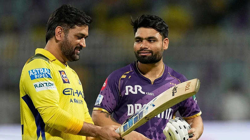MS Dhoni and Rinku Singh during CSK vs KKR match in IPL 2025