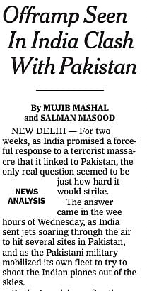 Offramp Seen In India Clash With Pakistan: The New York Times