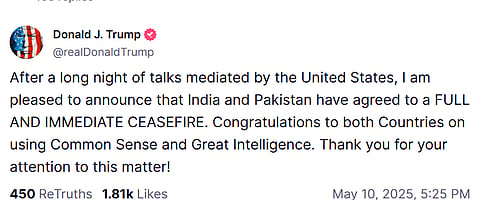  India and Pakistan have agreed to a FULL AND IMMEDIATE CEASEFIRE, says US President Trump