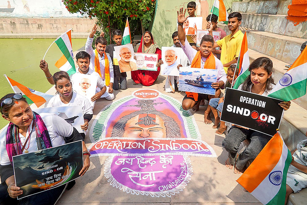 People make sand art on Operation Sindoor in Varanasi