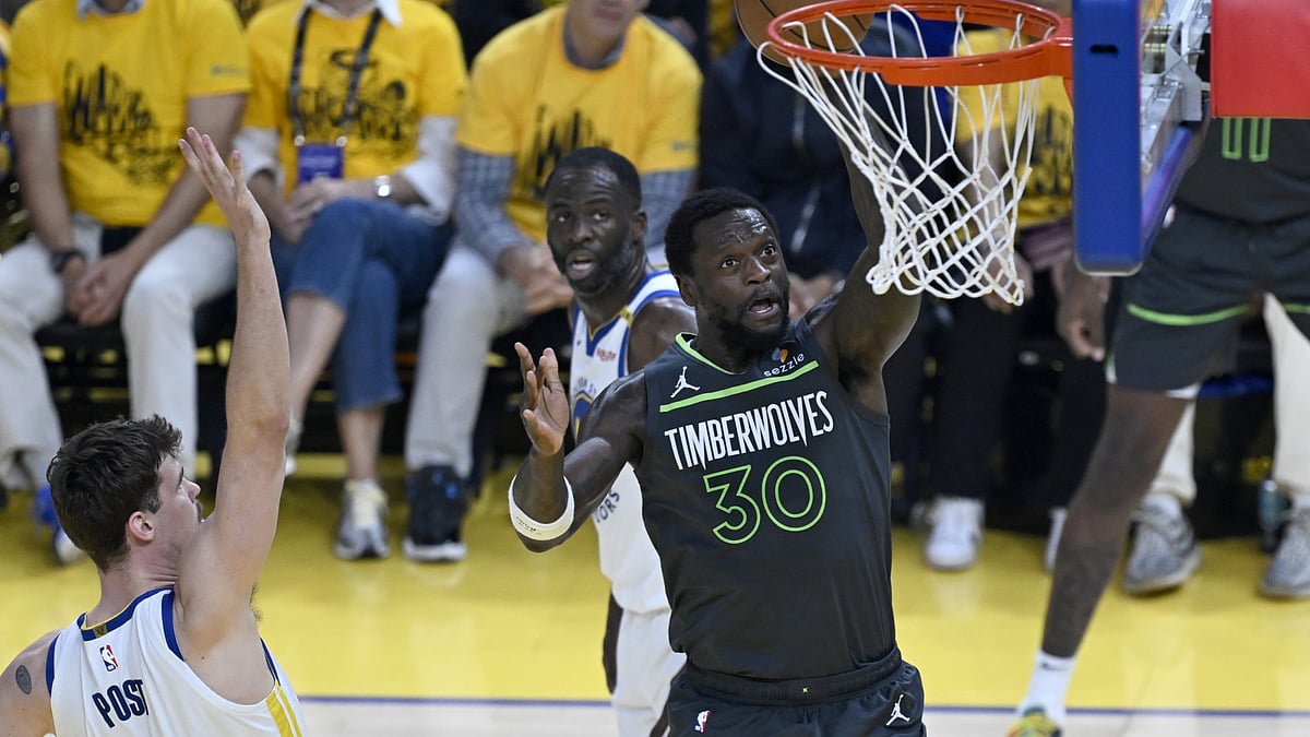 Julius Randle (30) of Timberwolves in action against Quinten Post (21) of Warriors during NBA Playoffs game 3 between Minnesota Timberwolves and Golden State Warriors at Chase Center on May 10, 2025 in San Francisco, California, United States - null