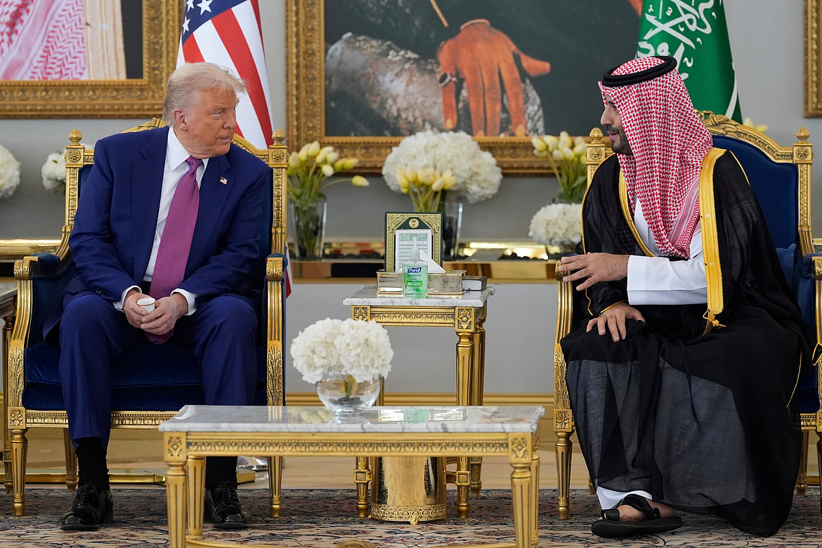 President Donald Trump speaks with Saudi Crown Prince Mohammed bin Salman during a coffee ceremony at the Royal Terminal of King Khalid International Airport in Riyadh, Saudi Arabia, Tuesday, May 13, 2025.  - AP Photo/Alex Brandon
