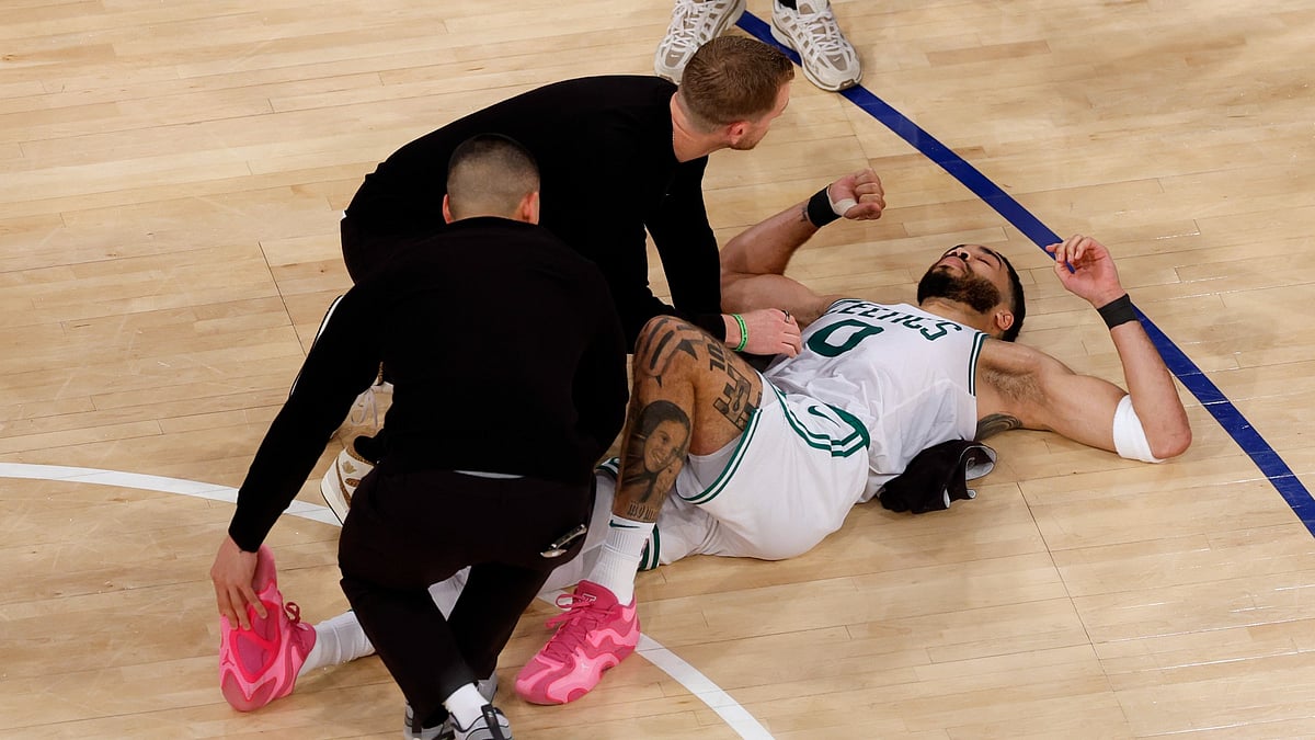 Medical staff check out Boston Celtics forward Jayson Tatum (0) during the fourth quarter in game four of the NBA Eastern Conference semifinal against the New York Knicks at Madison Square Garden.