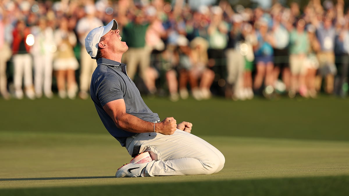 Rory McIlroy celebrates his triumph at the Masters