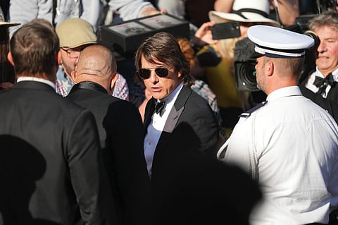 Tom Cruise upon arrival for the premiere of the film 'Mission: Impossible - The Final Reckoning' at the 78th international film festival, Cannes, southern France, Wednesday, May 14, 2025. 