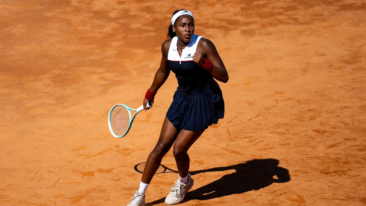 Coco Gauff celebrates her win over Mirra Andreeva.