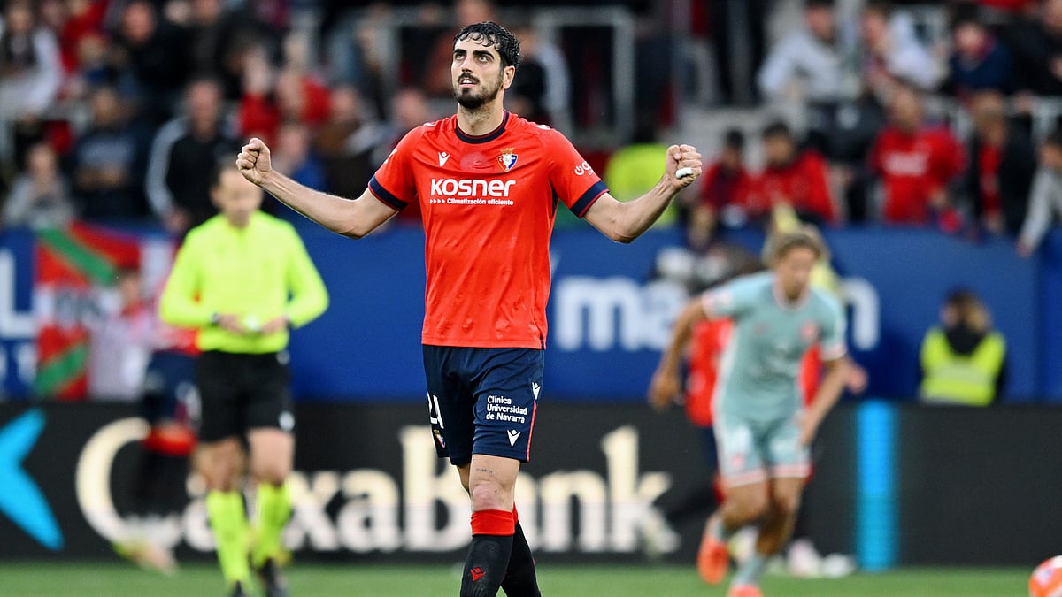 Osasunas opening goalscorer Alejandro Catena celebrates
