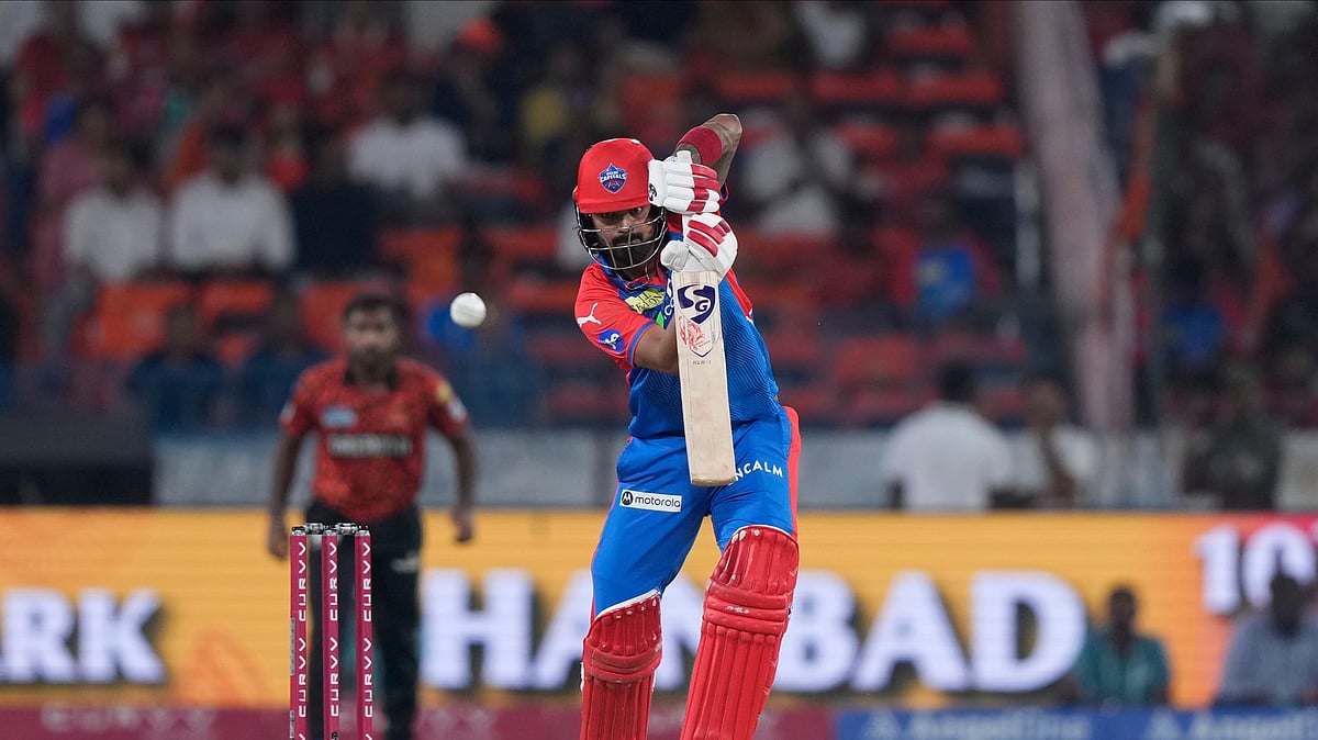 Delhi Capitals' KL Rahul plays a shot during the Indian Premier League cricket match in Hyderabad. - AP Photo/Mahesh Kumar A.