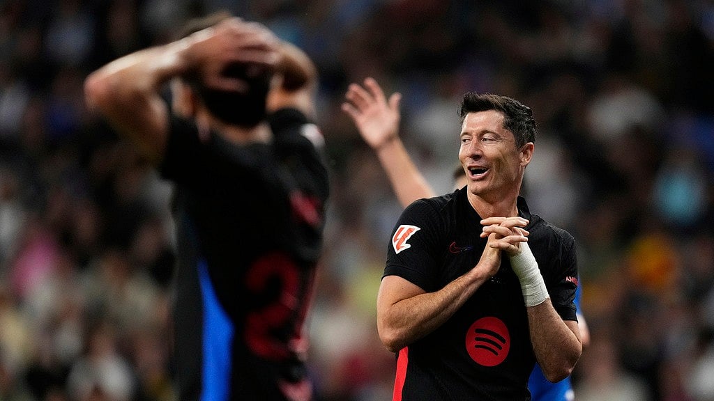 Barcelona's Robert Lewandowski reacts during a Spanish La Liga soccer match between Espanyol and Barcelona in Barcelona, Spain, Thursday, May 15, 2025 - AP/Jose Breton