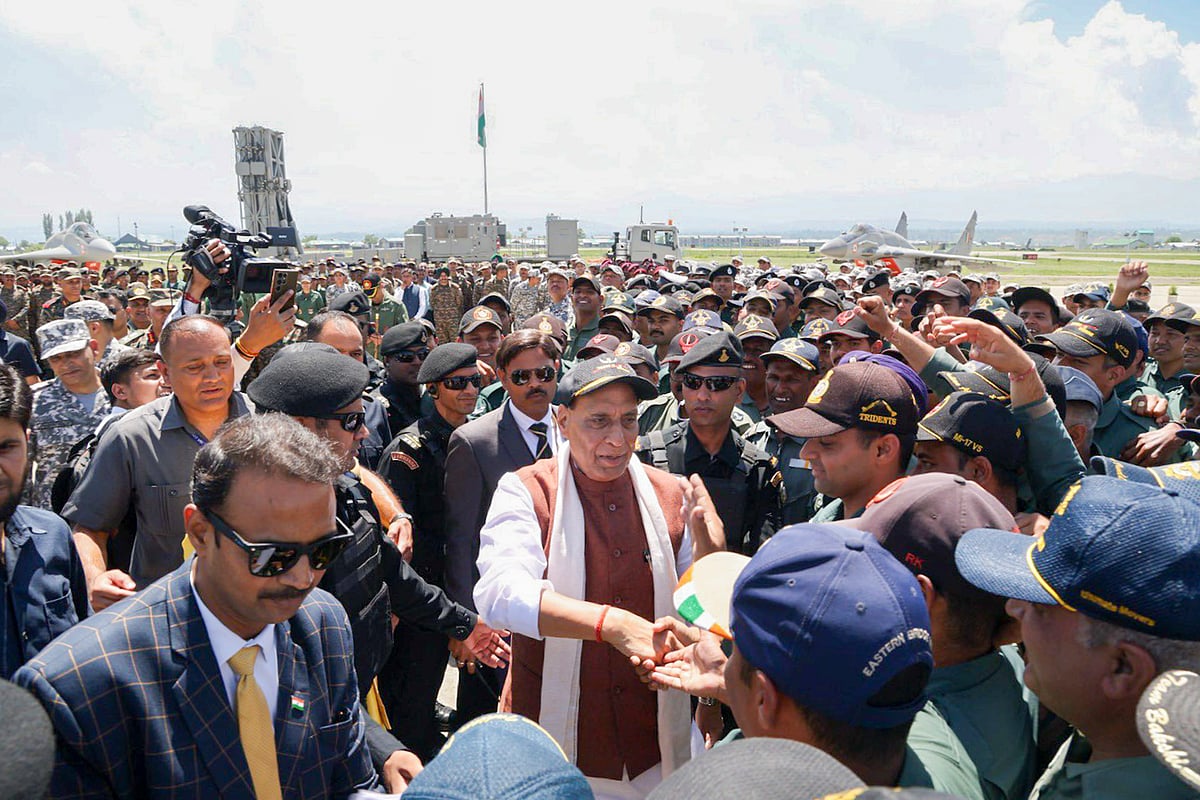 -PTI :  In this image posted by @rajnathsingh via X on May 15, 2025, Union Defence Minister Rajnath Singh interacts with the Indian Air Force (IAF) personnel, during his first visit to Jammu and Kashmir since Operation Sindoor, in Srinagar