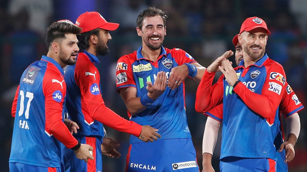 (AP Photo)
 : Delhi Capitals' Mitchell Starc, center, celebrates with teammates after the dismissal of Kolkata Knight Riders' Rovman Powell during the Indian Premier League cricket match between Delhi Capitals and Kolkata Knight Riders at Arun Jaitley Stadium in New Delhi, India, Tuesday, April 29, 2025. 

