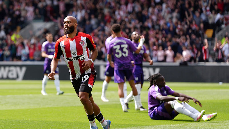 Brentfords Bryan Mbeumo celebrates scoring his sides first goal. AP