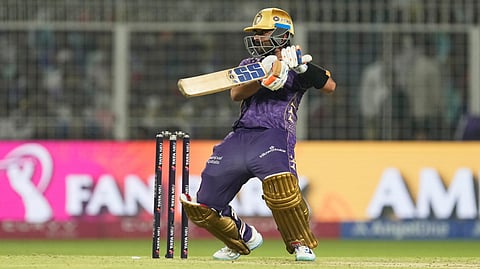 Kolkata Knight Riders' captain Ajinkya Rahane plays a shot during the Indian Premier League cricket match between Kolkata Knight Riders and Gujarat Titans at Eden Gardens in Kolkata, India, Monday, April 21, 2025.