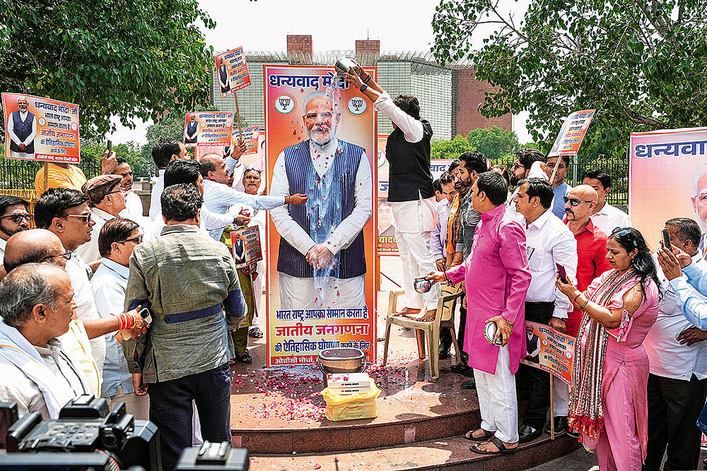 Drumming up Support: Members of BJP’s OBC Morcha celebrate the centre’s decision to include caste enumeration in the upcoming census in New Delhi on May 6, 2025 - | Photo: PTI