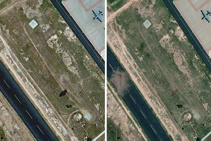 A satellite image shows the damaged runway at PAF Base Mushaf in Sargodha