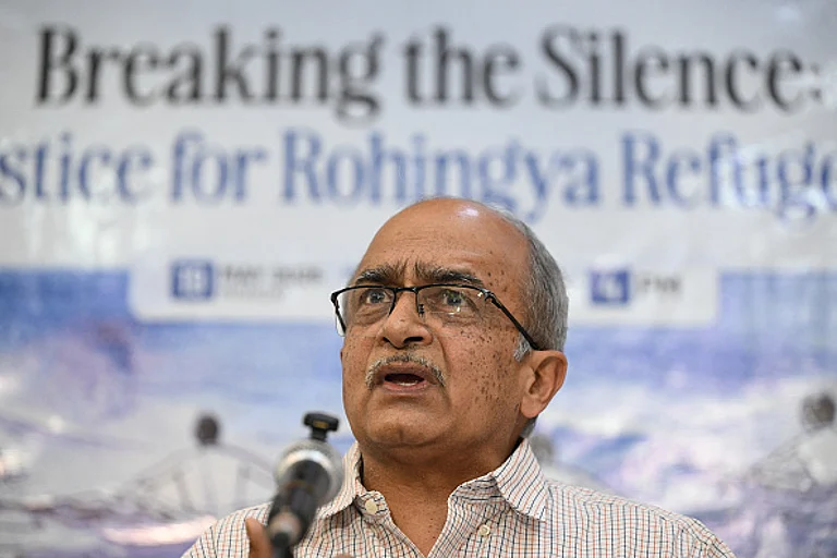 Indian lawyer Prashant Bhushan addresses a press conference at the Press Club of India, in New Delhi on May 19, 2025. - SAJJAD HUSSAIN/AFP via Getty Images