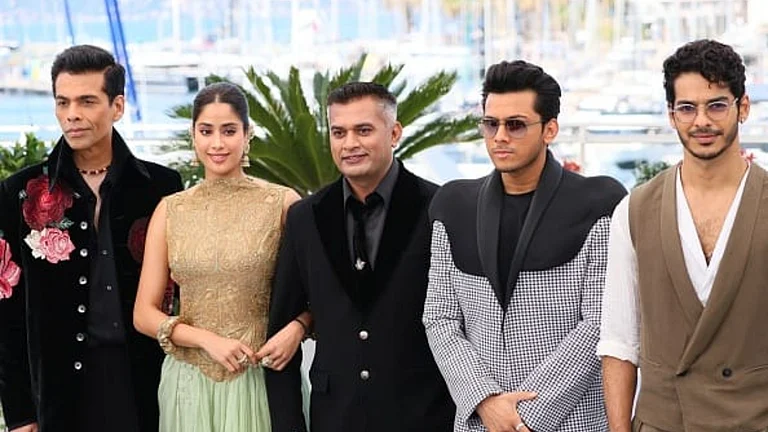 From left- Karan Johar, Janhvi Kapoor, Neeraj Ghaywan, Vishal Jethwa and Ishaan Khatter at the world premiere of Homebound at Cannes 2025 - Getty