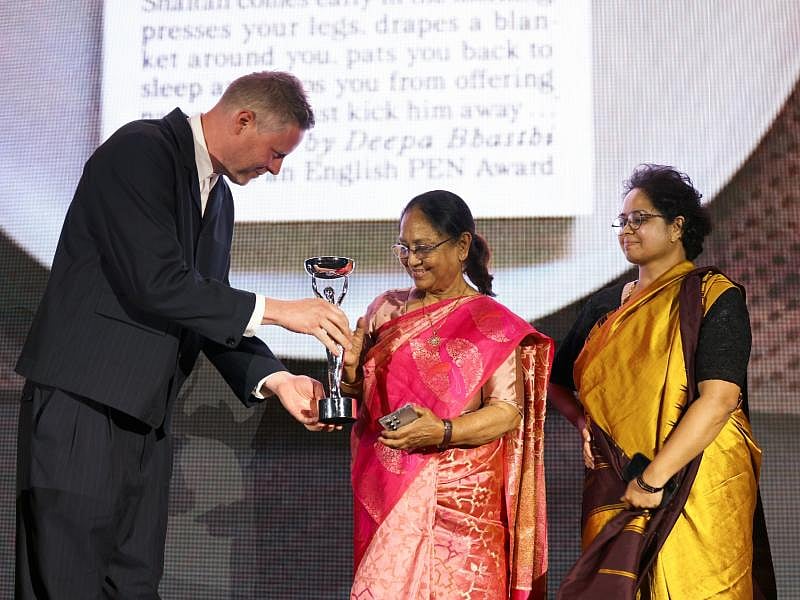Max Porter, Chair of judges, with International Booker Prize 2025 winners Banu Mushtaq and Deepa Bhasthi at the ceremony in London. - David Parry for the Booker Prize Foundation