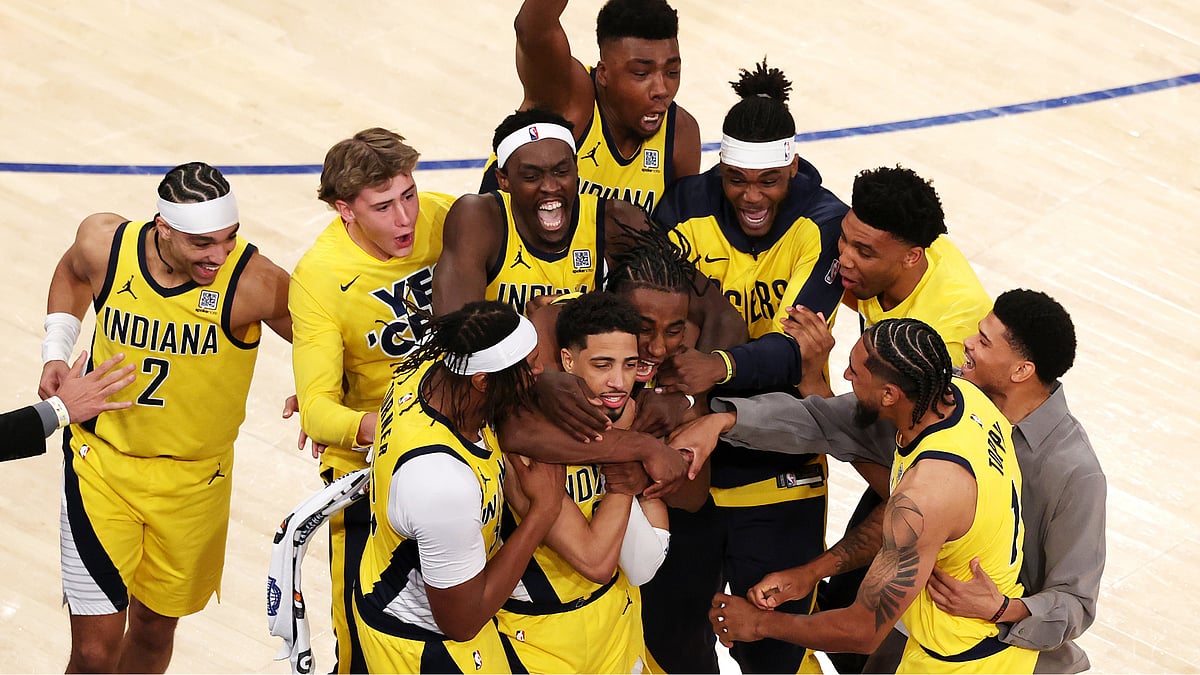 The Indiana Pacers celebrate their win over the New York Knicks