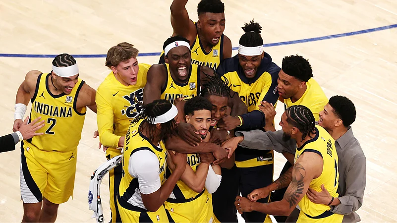 The Indiana Pacers celebrate their win over the New York Knicks