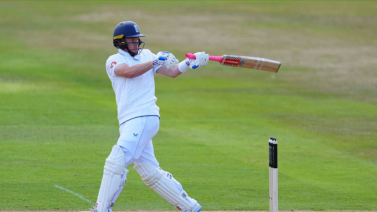 Mike Egerton/PA via AP : England's Ollie Pope in action on day one of the International test series cricket match between England and Zimbabwe at Trent Bridge, Nottingham.