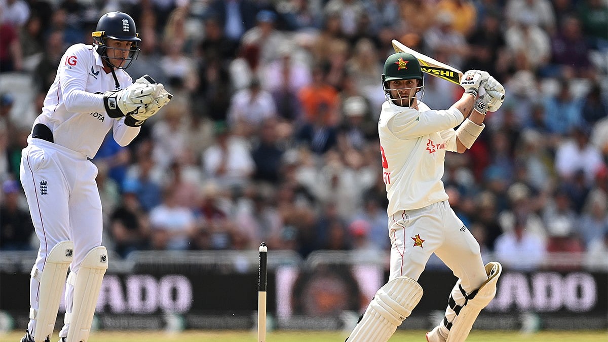| Photo: X/Zimbabwe Cricket : Zimbabwe batter Brian Bennett play a shot against England on Day 2
