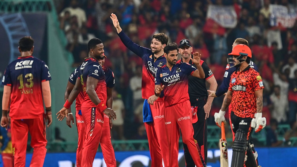 Royal Challengers Bengaluru players celebrate the wicket. AP