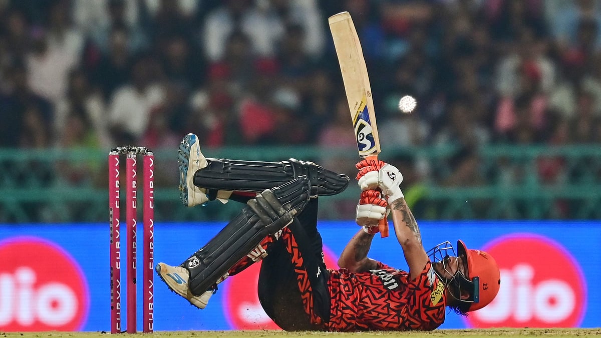 Sunrisers Hyderabad's Ishan Kishan loses his balance while playing a shot during the Indian Premier League cricket match in Lucknow. - AP Photo
