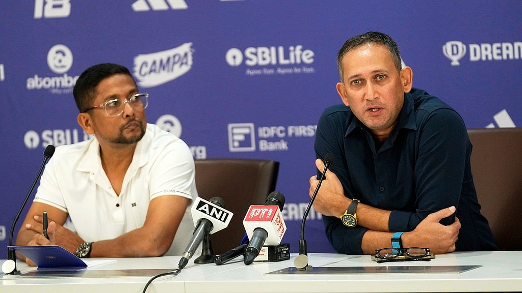 The chairman of the BCCI selection committee, Ajit Agarkar, right, speaks as the senior men's national cricket team Selection Committee member Shiv Sunder Das, left, is accompanying him during a press conference for India's squad announcement for the England Test series. - AP/Rajanish Kakade