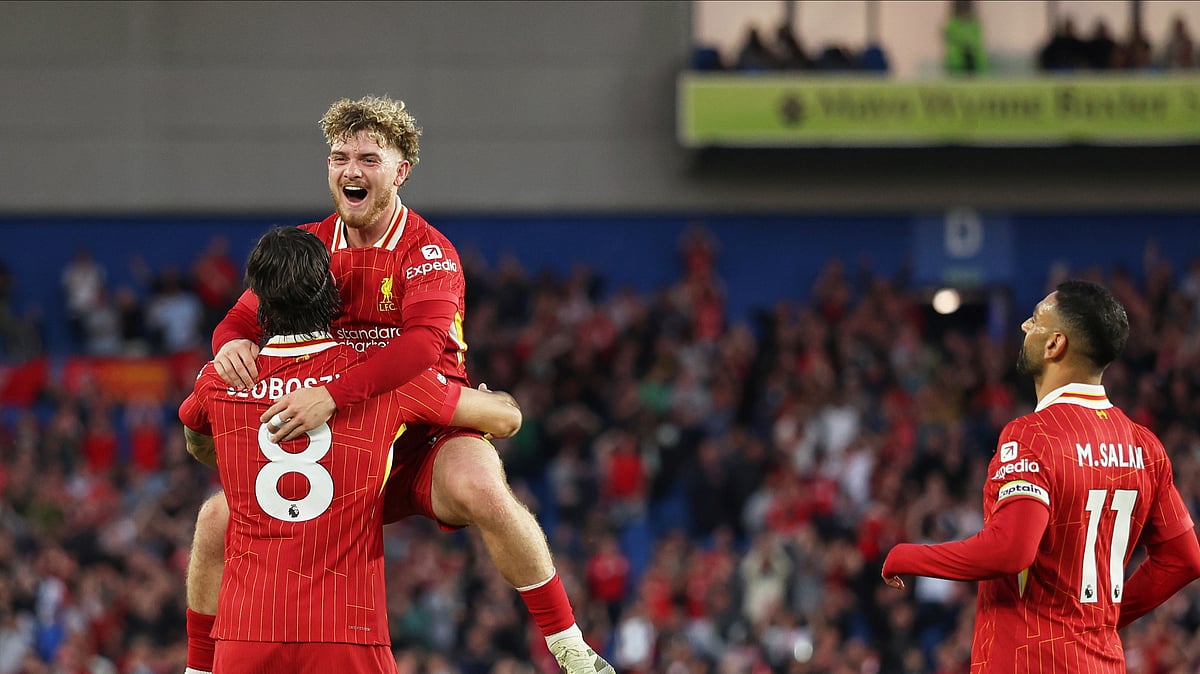 Liverpools Dominik Szoboszlai celebrates with Harvey Elliott. AP