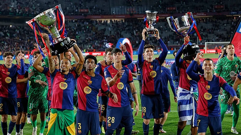 Barcelona players celebrate.