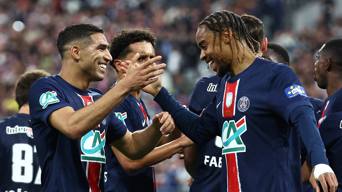 Bradley Barcola celebrates his goal in the Coupe de France final