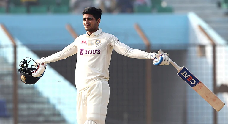 India's Shubman Gill celebrates after scoring a century during the third day of the first Test cricket match between Bangladesh and India in Chattogram Bangladesh, Dec. 16. - AP/File