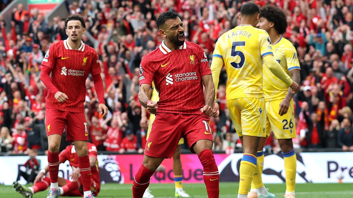 Mohamed Salah celebrates his equaliser for Liverpool as they round off the season with a 1-1 draw against Crystal Palace.