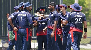 X/USA Cricket : United States players celebrate a Canada wicket during match 72 of the ICC Cricket World Cup League Two 2023-27.