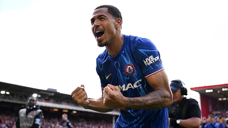 Levi Colwill celebrates scoring against Nottingham Forest.