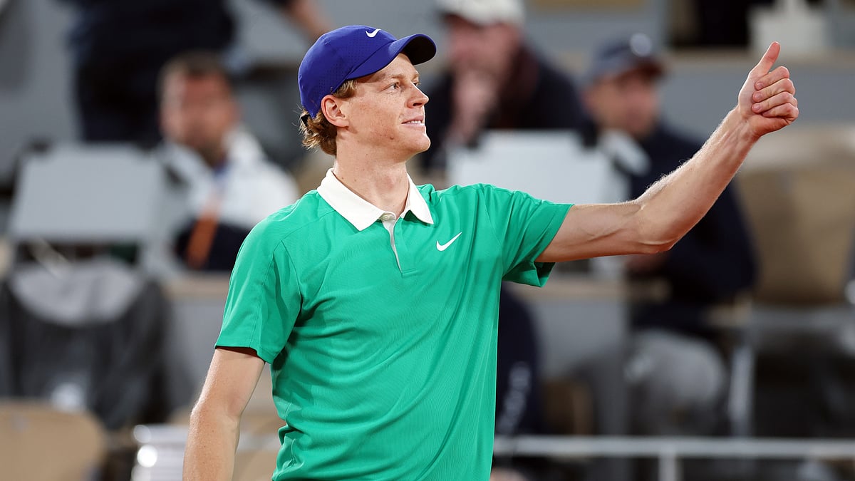 Jannik Sinner celebrates his first-round victory at the French Open