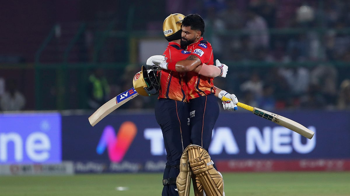 Punjab Kings' captain Shreyas Iyer, right, and batting partner Nehal Wadhera celebrate after their win in the Indian Premier League cricket match against Mumbai Indians at Sawai Mansingh Stadium in Jaipur. - AP Photo/Surjeet Yadav