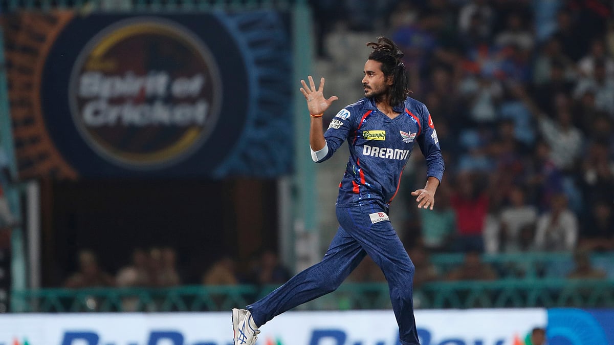 Lucknow Super Giants' Digvesh Rathi celebrates the dismissal of Sunrisers Hyderabad's Abhishek Sharma during the Indian Premier League cricket match in Lucknow. - AP Photo